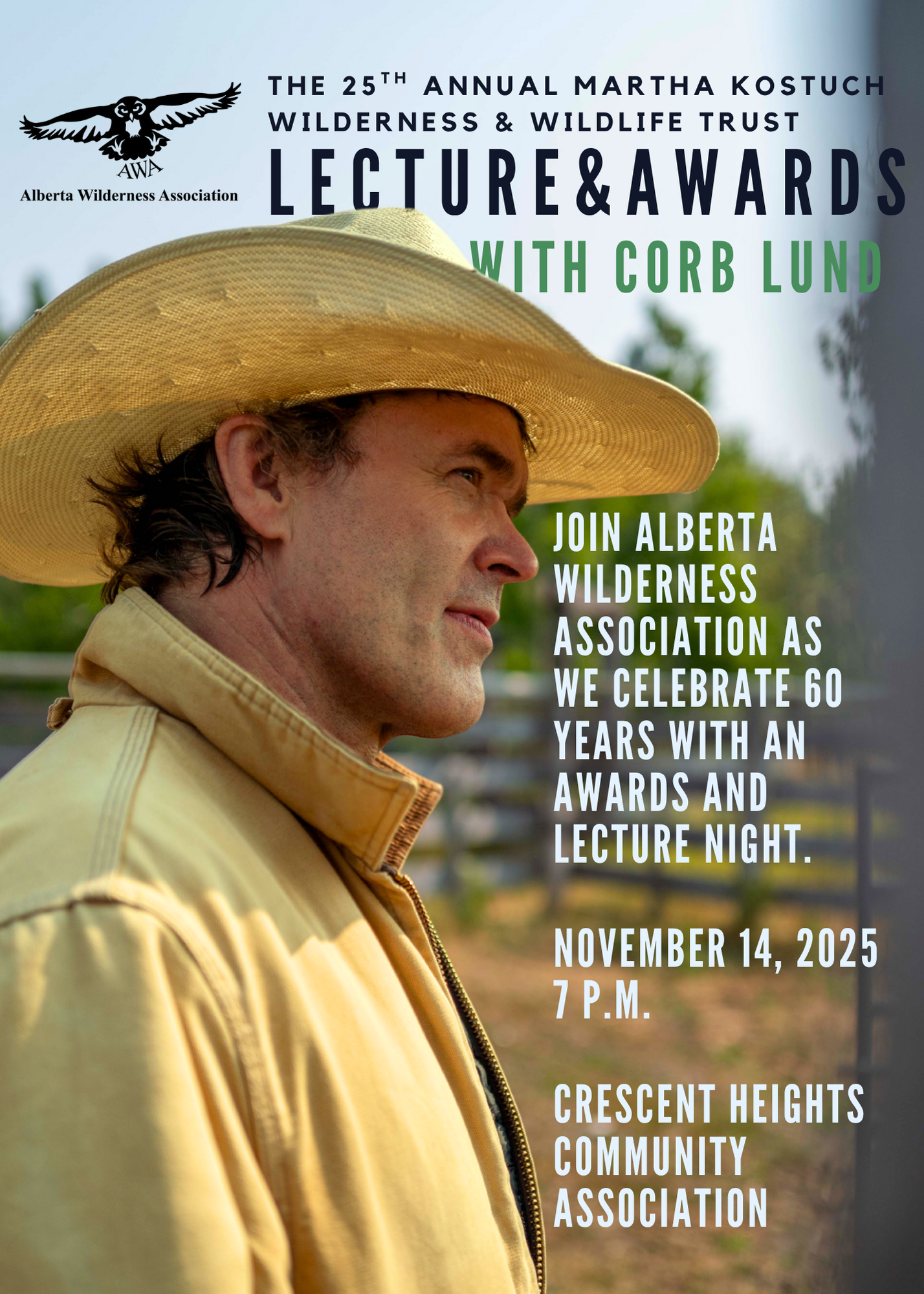 Promotional poster for the Alberta Wilderness Association’s 2025 Lecture and Awards Evening featuring Corb Lund in Calgary.