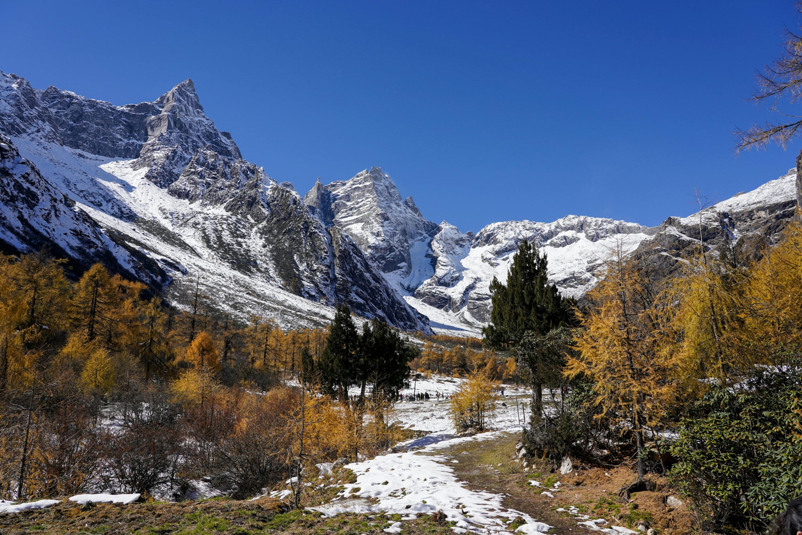 Snow-covered mountain peaks rising above a forested valley with autumn trees and a natural walking path