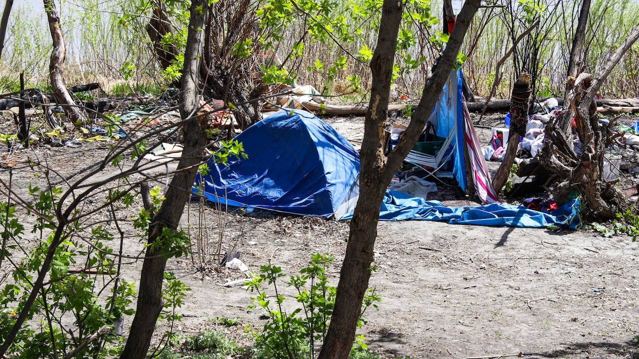 Temporary homeless encampment in Winnipeg prior to the opening of new housing units supporting people transitioning out of homelessness