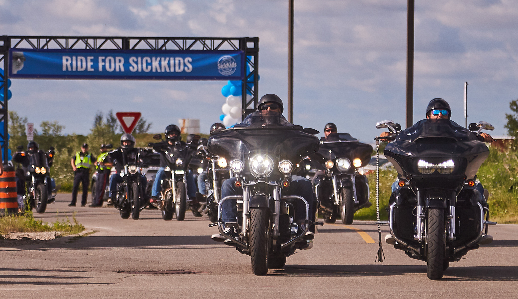 Motorcycle riders taking part in Ride for SickKids charity event in Vaughan, Ontario