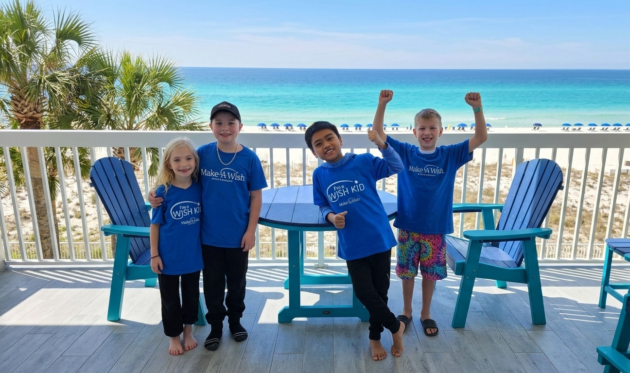 Children wearing Make-A-Wish Canada shirts smiling on a beach balcony during a wish trip supported by Blue Cross