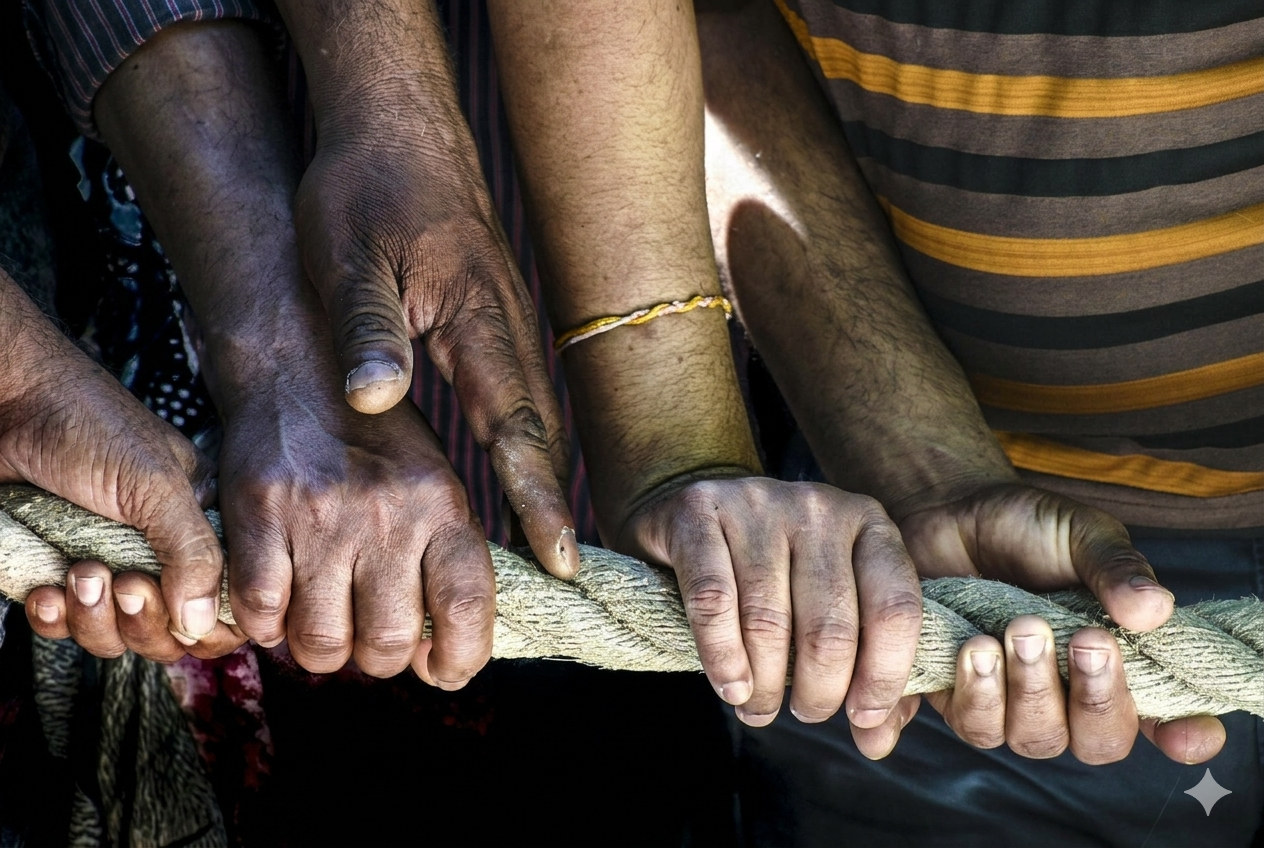 Diverse hands gripping a rope together, symbolizing teamwork and community support within an Alberta addiction recovery charity program.
