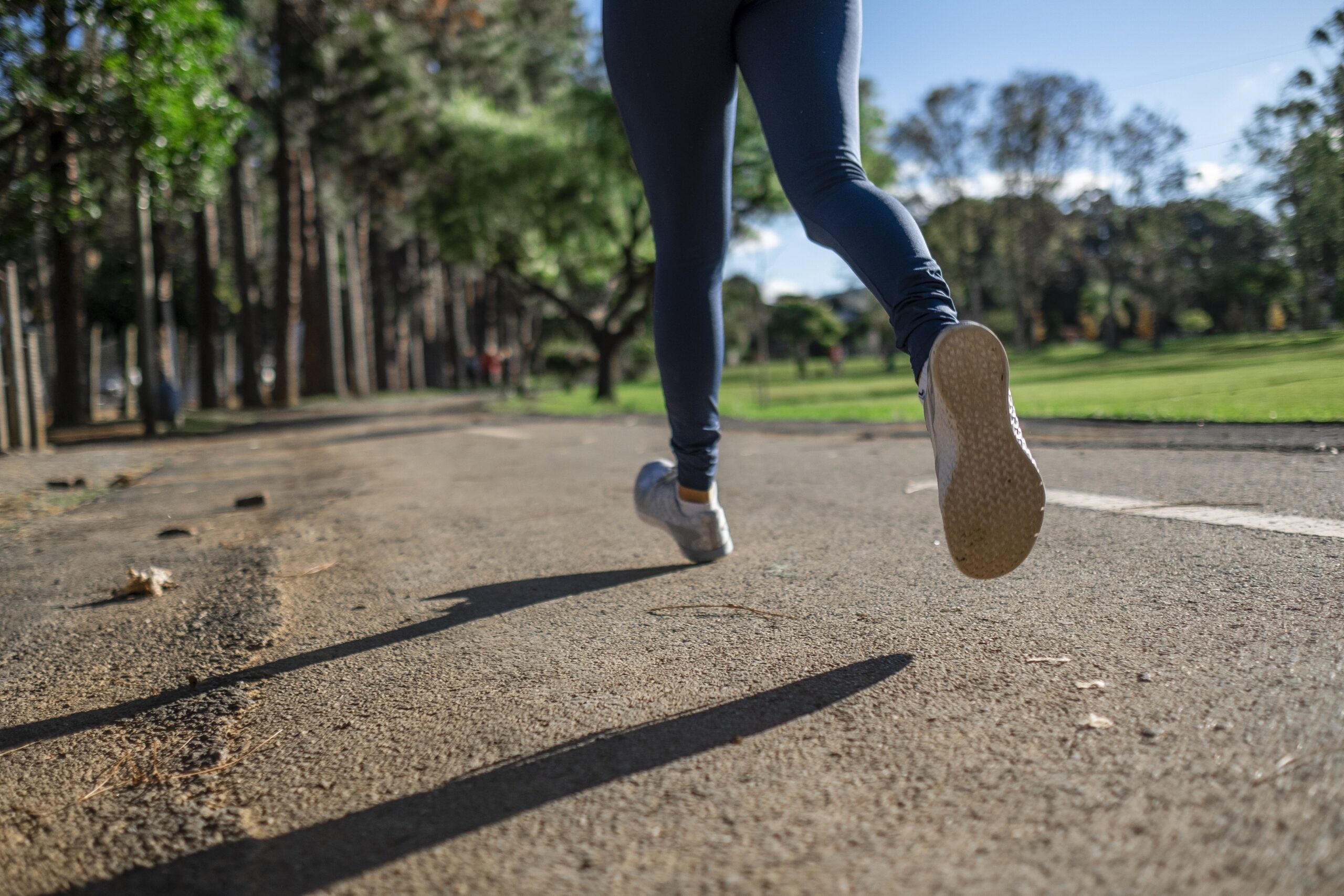 women legs running outdoors on pavement around trees