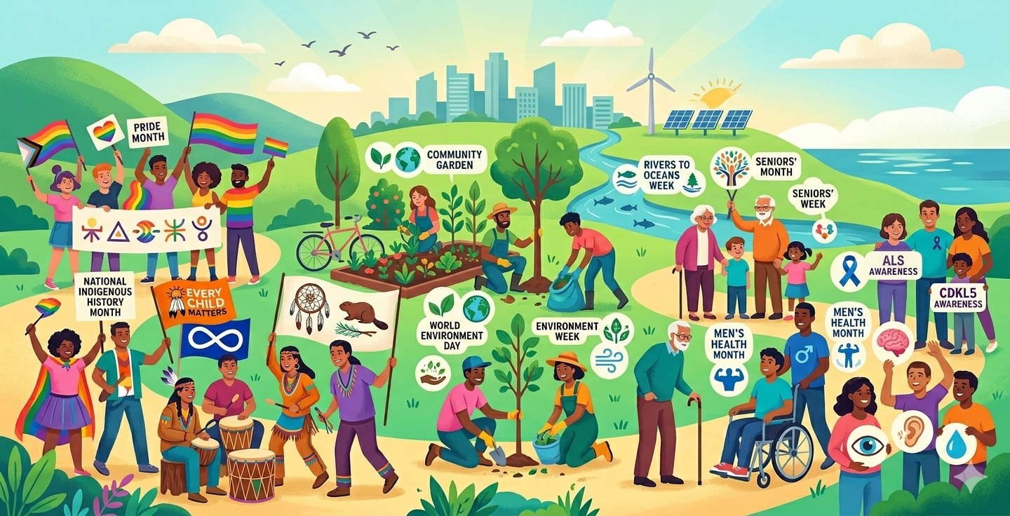 A vibrant illustrated infographic banner showing a diverse community celebrating June awareness events, including Pride Month, National Indigenous History Month, environment week, and seniors initiatives.