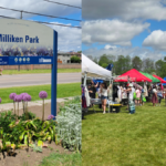 Milliken Park sign and vendor booths at the 5th Annual 2-Spirit Pow Wow in Toronto's east end.
