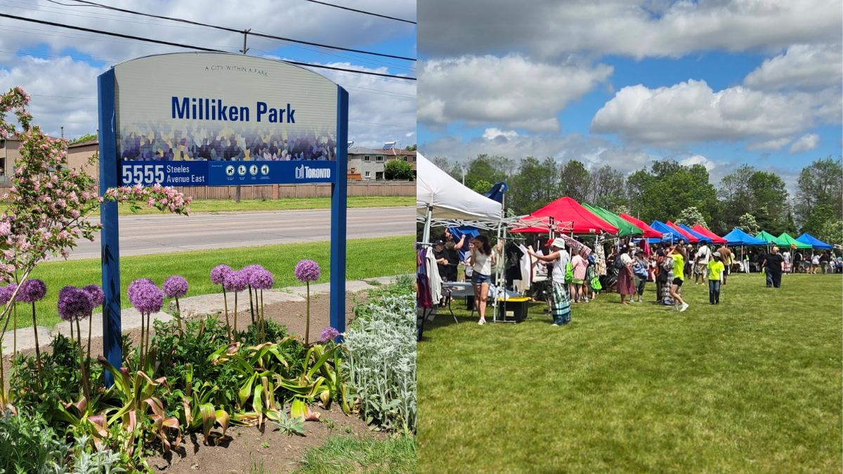 Milliken Park sign and vendor booths at the 5th Annual 2-Spirit Pow Wow in Toronto's east end.