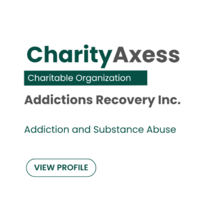 Addictions Recovery Inc. charity profile card with category addiction and substance abuse and call to view profile