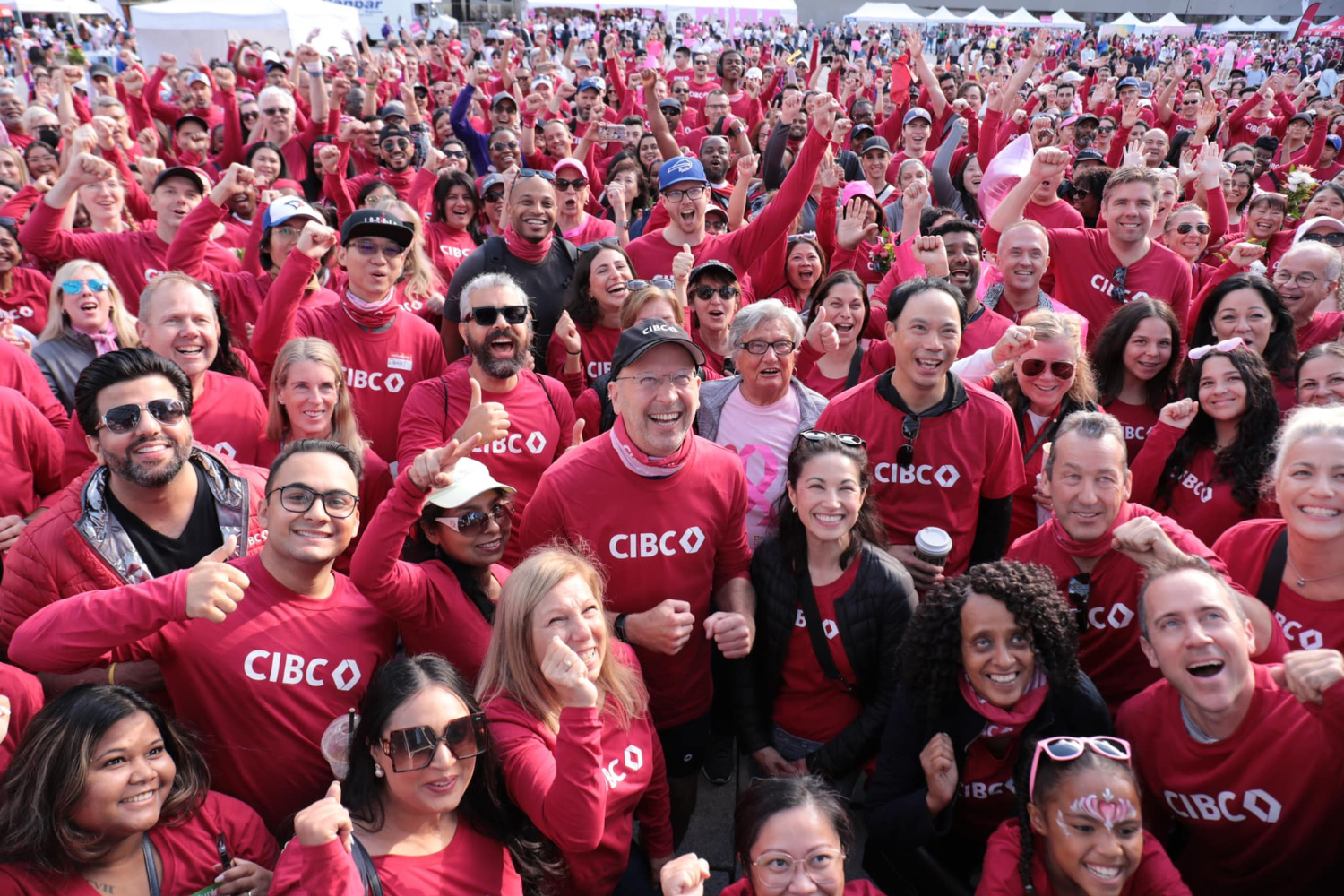 Participants gather at the Canadian Cancer Society CIBC Run for the Cure, celebrating and raising funds to support Canadians affected by breast cancer.