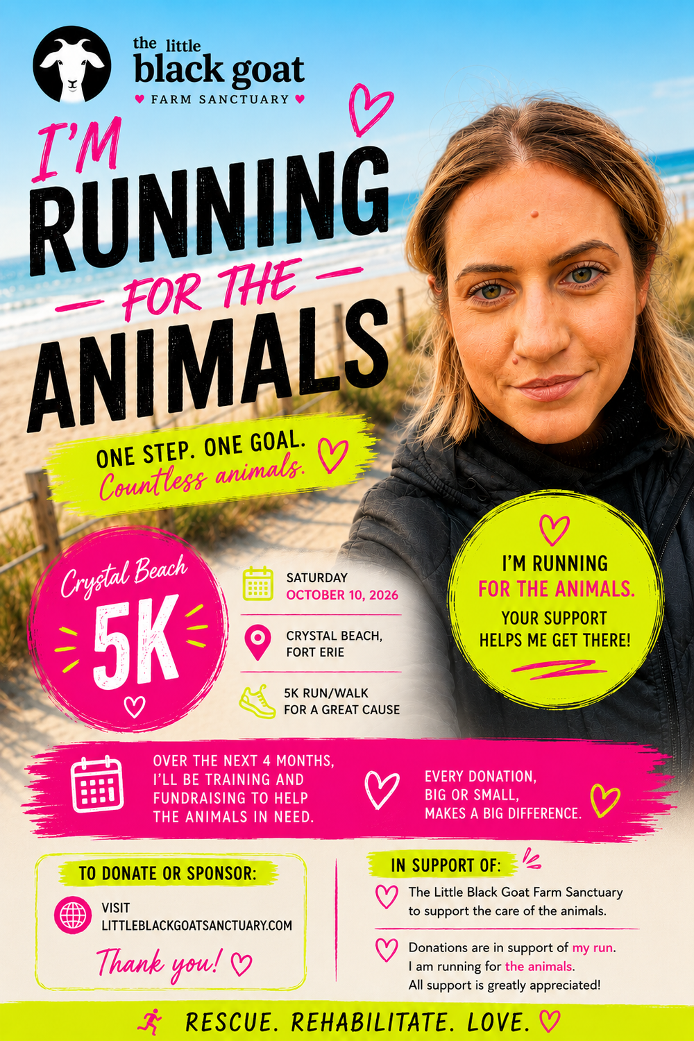 Participant fundraising for The Little Black Goat Farm Sanctuary ahead of the Crystal Beach 5K in Fort Erie, Ontario.