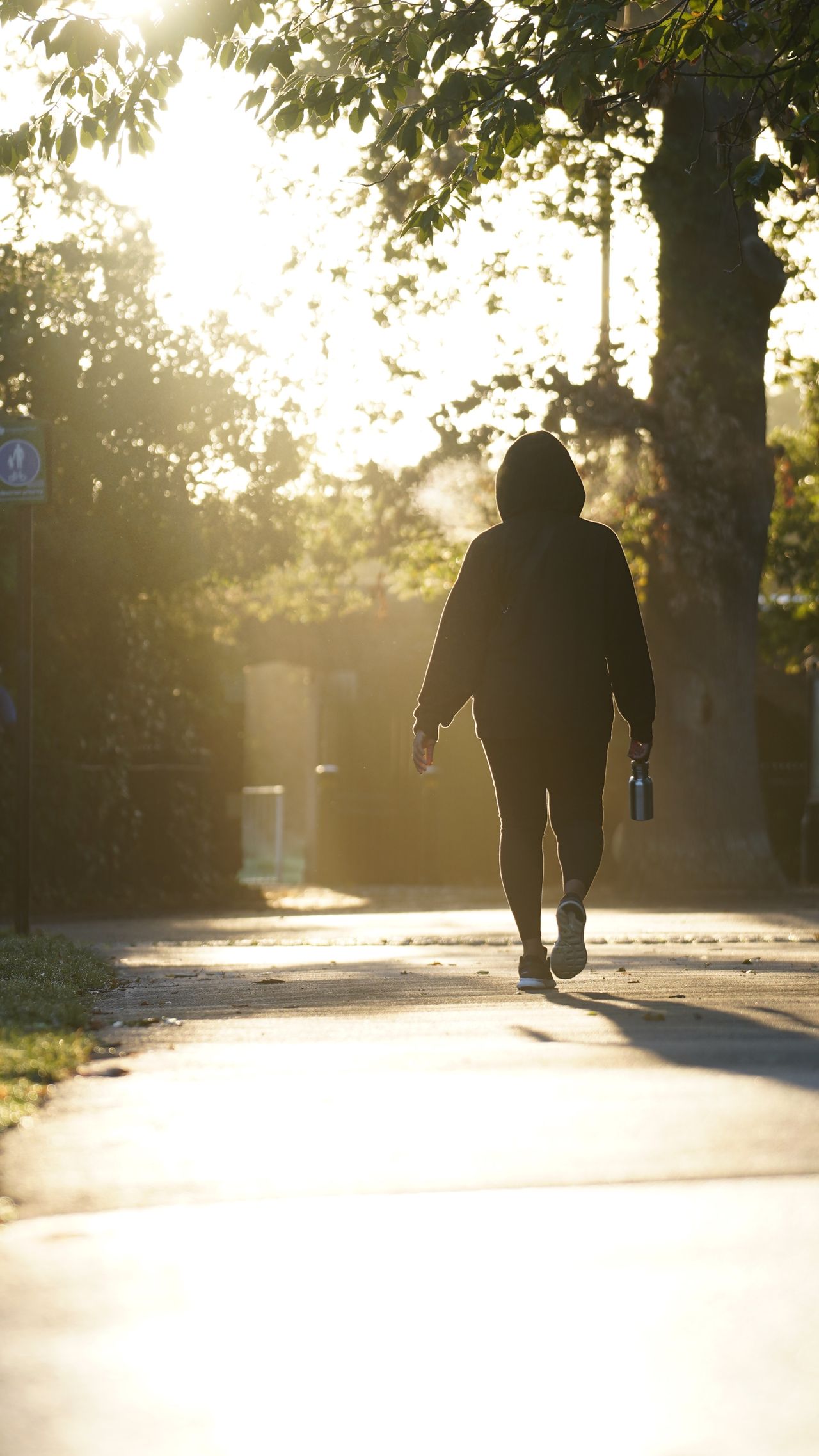 Participant walking along a tree-lined pathway during the Terry Fox Run, supporting cancer research in Canada.