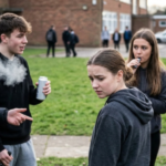 Teenagers gathered outside a school as several youths vape, illustrating concerns about youth substance use in British Columbia.