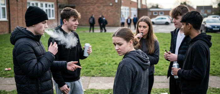 Teenagers gathered outside a school as several youths vape, illustrating concerns about youth substance use in British Columbia.