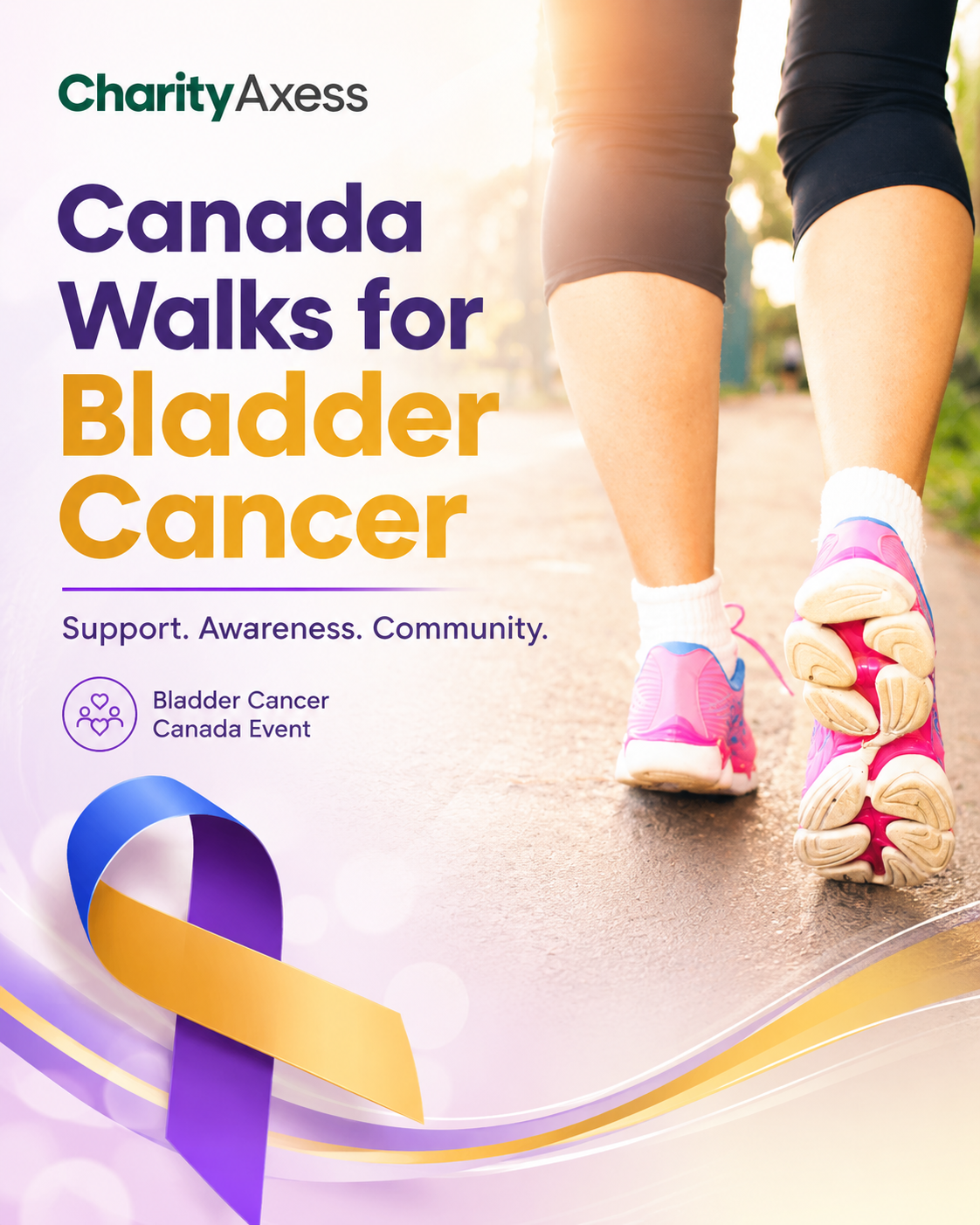 Canada Walks for Bladder Cancer event graphic featuring a person walking, the bladder cancer awareness ribbon and CharityAxess branding.