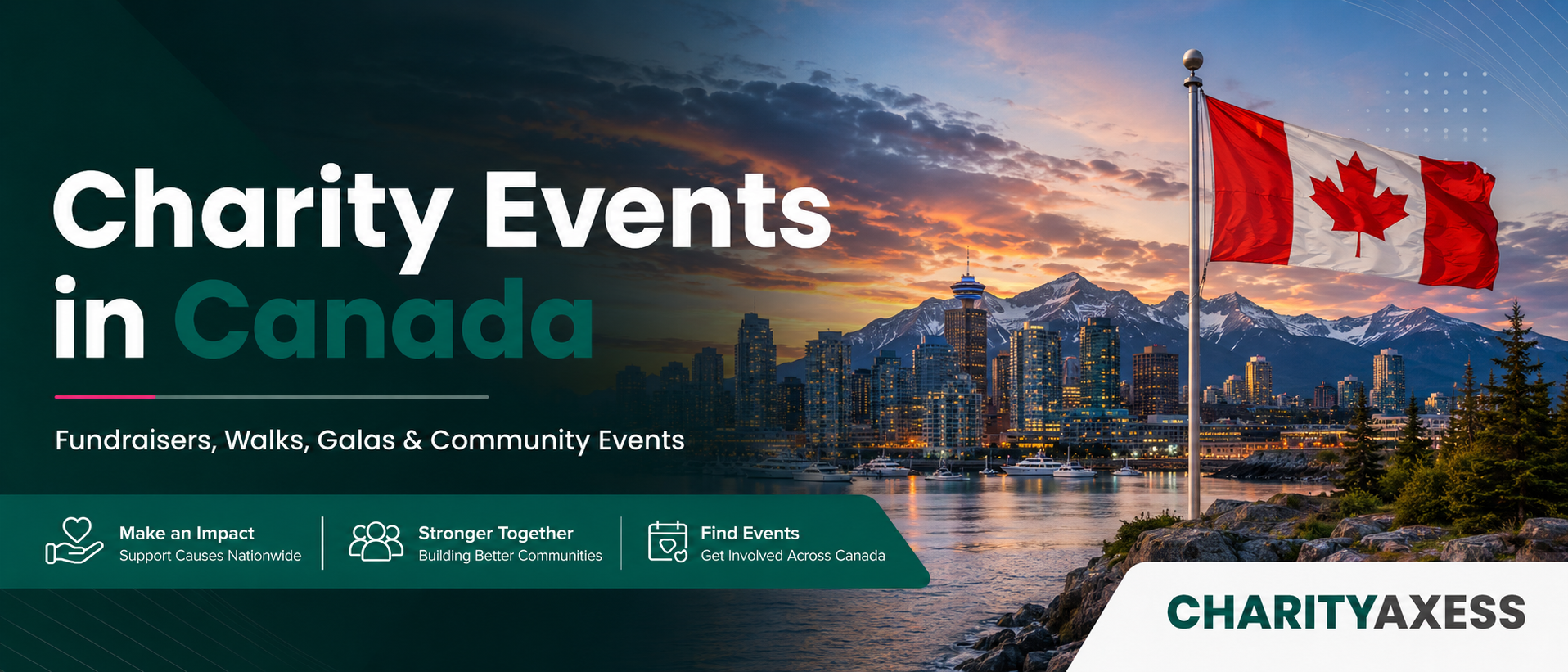 Charity Events in Canada banner featuring a Canadian flag, city skyline and mountains with CharityAxess branding.