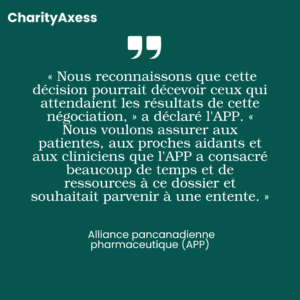 Citation de l'APP sur l'échec des négociations de financement public pour Elahere au Canada, partagée par CharityAxess.