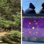 Visitors gather at the Mi'kmawey Debert Interpretive Trail and view Indigenous artwork during an educational visit supporting Truth and Reconciliation in Nova Scotia.