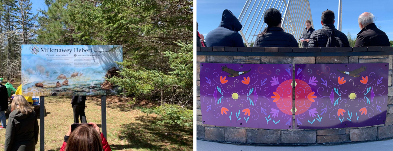 Visitors gather at the Mi'kmawey Debert Interpretive Trail and view Indigenous artwork during an educational visit supporting Truth and Reconciliation in Nova Scotia.