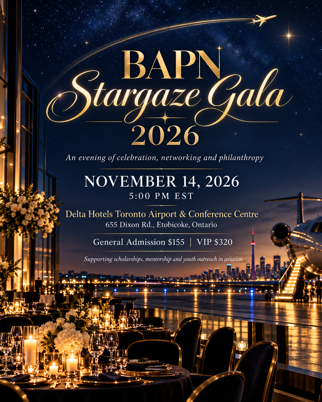 BAPN Stargaze Gala 2026 Toronto event poster featuring an elegant aviation-themed gala, November 14, 2026, supporting Black aviation professionals.