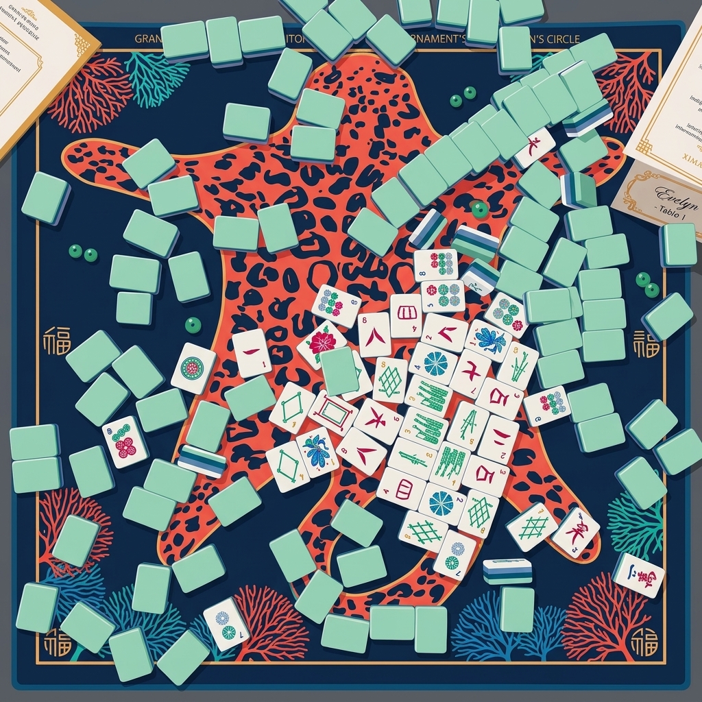 Top-down flat vector illustration of colorful mahjong tiles scattered across a vibrant blue table mat with coral and leopard print accents for the Mahj for Mini Hearts children's fundraiser in Toronto.